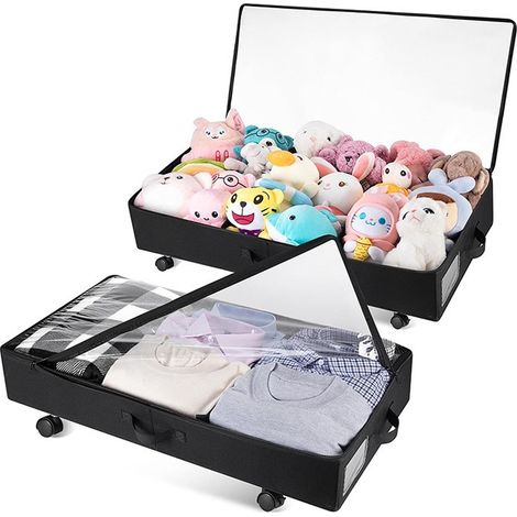 Coffre de rangement à roulettes sous le lit, grande capacité 75 L, tissu Oxford, pliable avec housse, gris, à roulettes et housse transparente noire (lot de 2). (1/5)
