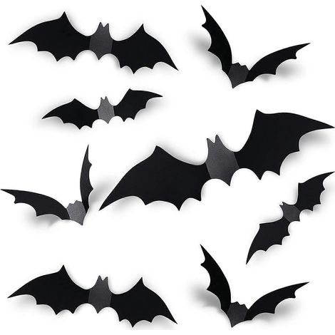 Lot de 60 chauves-souris 3D décoratives pour Halloween 2020 (version améliorée), 4 tailles différentes, autocollants chauve-souris noires réalistes en PVC pour la décoration intérieure et extérieure ( (1/5)
