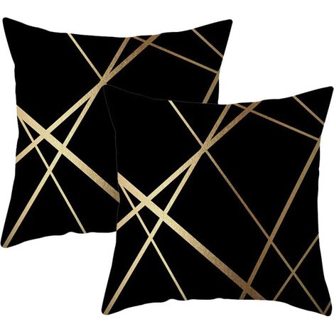 Taie Coussin - 45x45 cm - Velours Noir Avec Rayures Dorées - Fermeture Éclair Cachée - Décoratif Salon Chambre Banc - Lot de 2 (1/5)