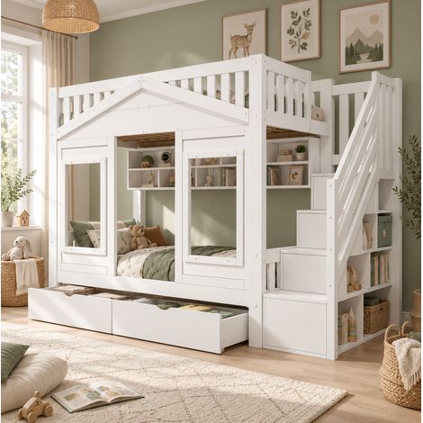 Letto soppalco 90x200 cm in legno e MDF bianco con contenitori, senza materasso – MEUBLIV (1/5)
