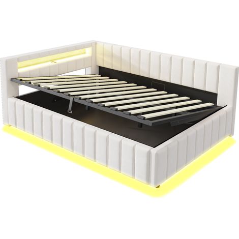 Cama tapizada 140x200 cm con almacenamiento hidráulico, LED y puerto USB, terciopelo beige, HOMVRA (1/5)