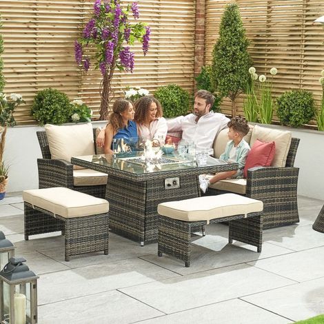 Abrihome 7 Seater Rattan Garden Furniture Seating Group with Fire Pit Table, Brown (1/4)