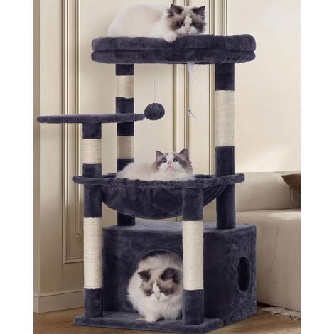 Arbre À Chat, Arbre À Chat avec Très Grand Panier pour Matou, Bois À Matou avec Lit Spacieux pour Matou Et Couchette Cachée, et Balle en Peluche, Gris Foncé HCT008SG (1/5)