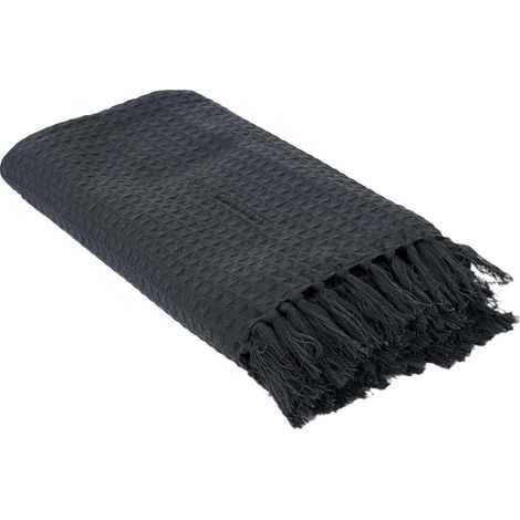 Plaid Jeté de Canapé Gaufré 130x160cm 100% Coton Gris Anthracite avec Franges (1/5)