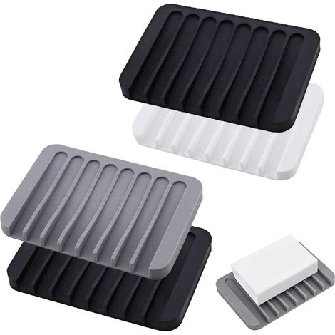 Lot de 4 pièces - 11,5 x 8 x 1 cm - Porte-savon - Boîte à savon en silicone - Accessoires de salle de bain - Système d'évacuation de l'eau - Rainures antidérapantes - Convient à la plupart des savons (1/5)