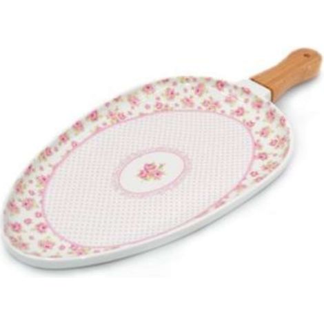 Paletta Vassoio in Porcellana con Manico in Legno Decoro Rose 30 cm