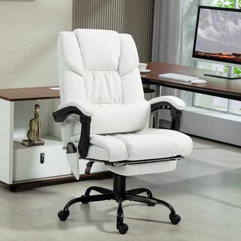 Fauteuil de bureau massant inclinable à dossier haut, 6 points de réglage en hauteur, repose-pieds et télécommande, blanc (1/5)