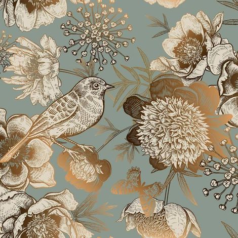 Papier Peint Adhesif Mural Fleurs Papier Peint Fleurs Oiseaux Vert Et Doré Film Adhesif Pour Meuble Vintage Armoire 44.5Cm X[BI156] (1/5)