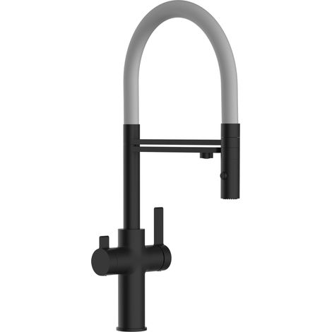 Rubinetto 3 vie miscelatore cucina Nero Opaco con canale separato per acqua filtrata, canna grigia movibile e doccia due getti staccabile - Serie FC (1/5)