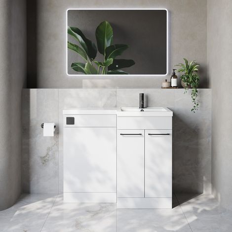 Napoli 390 Gloss White 1000mm 2 Door Vanity Unit Toilet Suite with Right Hand Square Lucia Basin - 1000mm - Matt Black 160mm HandleWithout Kingston Toilet Pan