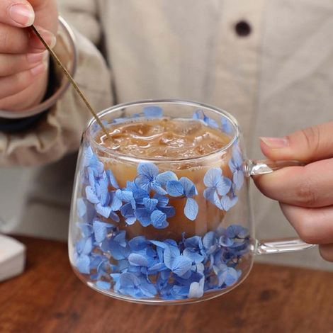 Tasse En Verre Double Paroi - Avec Fleurs Séchées Intégrées - Poignée Transparente - Pour Boissons Chaudes Et Froides - 200 Ml (1/5)