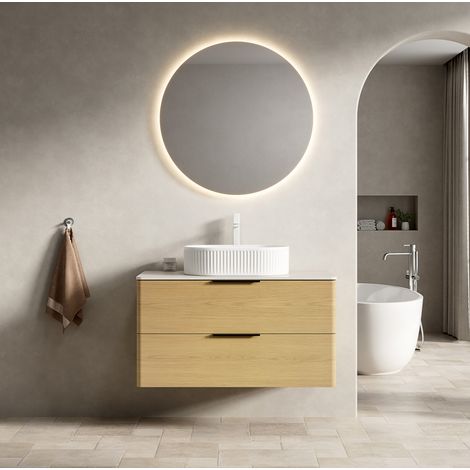 Meuble vasque suspendu 90 cm avec vasque ovale blanche, plan en pierre frittée, 2 tiroirs (1/5)