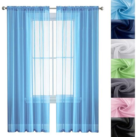 Blanc Voilage à Oeillet Rideau Semi 210 x 110 cm 100% Polyester/Transparent Intérieurs Rideau Occultant à Oeillets pour Porte Fenetre Dressing Salon, Bleu Ciel (1/5)