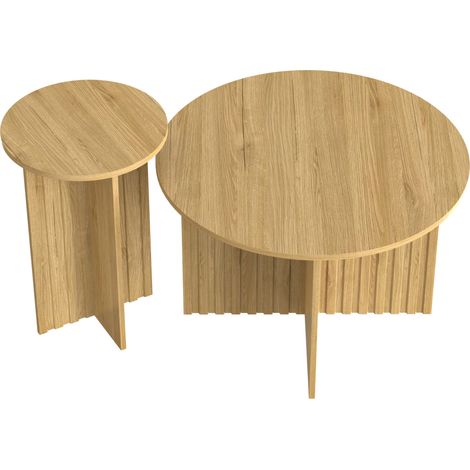 Set de 2 tables gigognes rondes en bois avec plateau en PB et côtés en MDF, style scandinave, dimensions 76 et 40 cm, couleur bois (1/5)
