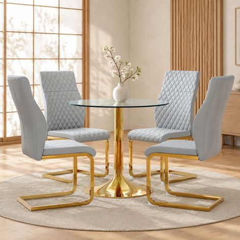 Set tavolo da pranzo rotondo in vetro 85 cm con 4 sedie grigio chiaro e oro DESVIAE (1/5)