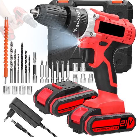 Perceuse électrique multifonction 3 en 1, perceuse à percussion 21 V, moteur à balais, 2 vitesses, réglage de la vitesse en continu, sens de rotation réglable, 25 vitesses de couple réglables (1/5)