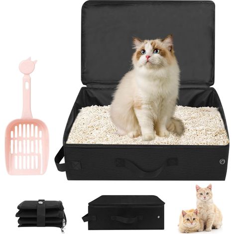 Litière pour chat de voyage avec couvercle : litière portable pliable, imperméable, respirante, de voyage avec pelle à chat, boîte à chat, pour voiture, voyage, camping (40 x 30 x 15 cm (1/5)