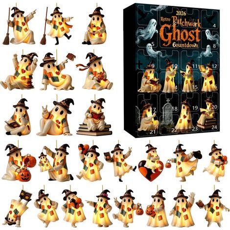 Halloween-Adventskalender in einer Überraschungsbox, 24-Tage-Countdown, Retro-Patchwork-Acryl-Geisteranhänger, Geschenkbox C (1/2)