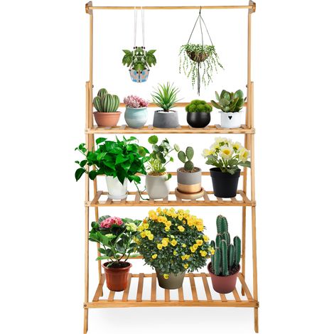Aqrau Étagère Plante Intérieure Bambou Support Plantes, Pliable Porte Plante suspendu Intérieur Étagère à Fleurs Échelle Polyvalent de 3 Niveaux - Idéal pour Jardin Terrasse Balcon (1/5)