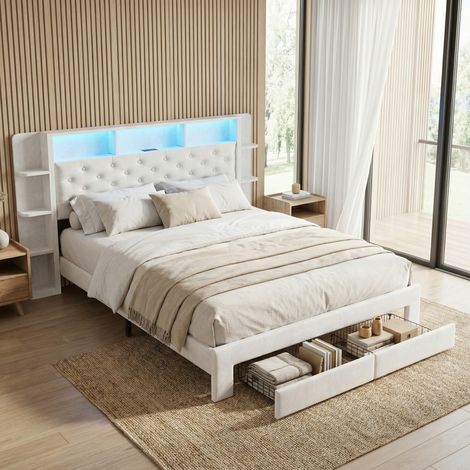Letto per adulti 160x200 con rete a doghe, letto matrimoniale con illuminazione LED e porte USB/Type-C, 2 cassetti, testiera con contenitore, velluto, stile scandinavo, Bianco