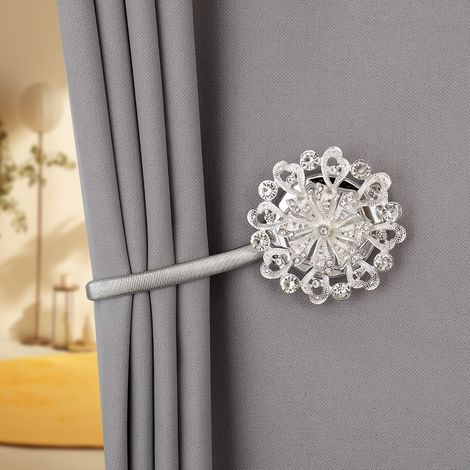 Lot de 2 Embrasses Rideau Aimantées Fleur Cœur Cristal Argent – Attaches Magnétiques Alliage Métal Fil à Ressort Sans Perçage, Boucles Déco Accessoires Moderne Salon Chambre Voilage (1/5)