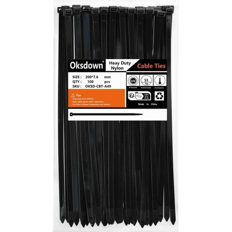 Colliers de serrage noirs 200x7.6mm, lot de 100, haute résistance, résistants aux UV (1/5)