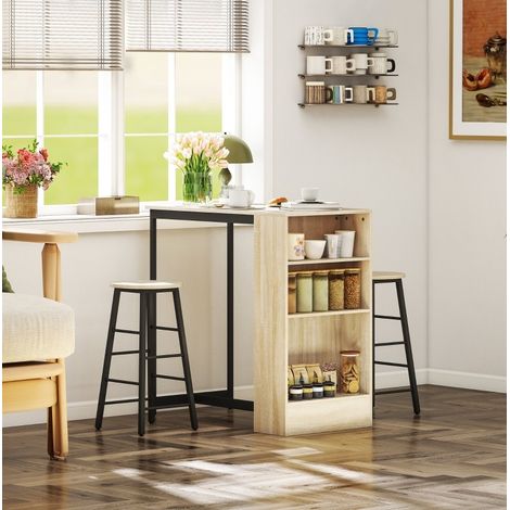 MEUBLIV Ensemble bar 3 pièces noir et décor chêne – table avec rangement et 2 tabourets (1/5)