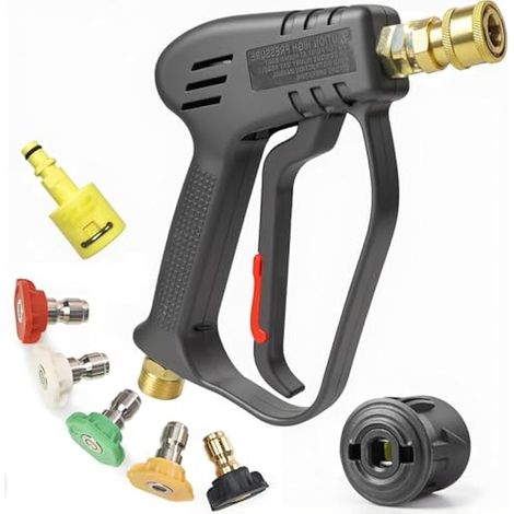 Pistolet haute pression court – Pièce à main de nettoyeur haute pression avec 5 buses pistolet compact haute pression compatible avec tous les tuyaux Kärcher série K ainsi que les tuyaux (Noir) (1/4)