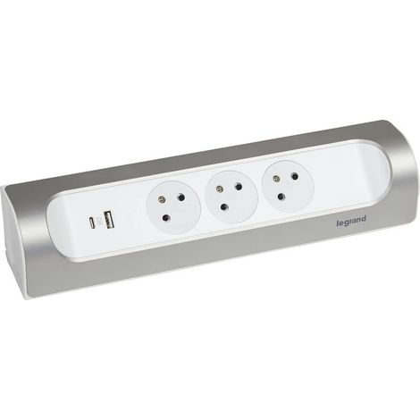 Multiprise d'Angle à Câbler - 3 Prises Surface avec Terre + Prise USB-C + Prise USB-A - Installation Horizontale ou Verticale - Blanc et Alu (1/3)