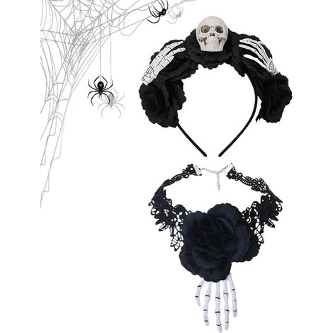 Gothic-Stirnband mit Choker, schwarze Spitze, rosa Totenkopf, Halloween Spitzenhalskette und floraler Haarschmuck, ideales Accessoire für Halloween-Partys und Rollenspiele (1/5)