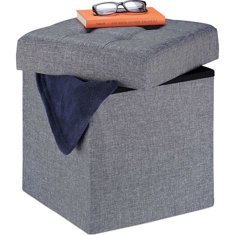 Relaxdays Sitzhocker mit Stauraum, faltbar, weich gepolstert, gesteppt, Stoff, Sitzwürfel, HxBxT: 41 x 38 x 38 cm, grau
