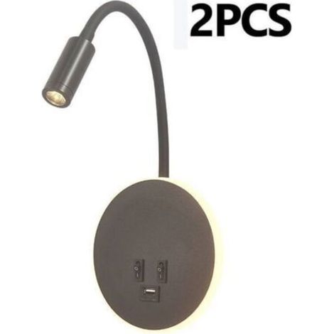 Lámpara de lectura de pared con puerto de carga USB e interruptor independiente, aplique LED de cuello flexible para cabecera, lámpara de lectura para salón y dormitorio (Negro, 2 piezas) (1/4)