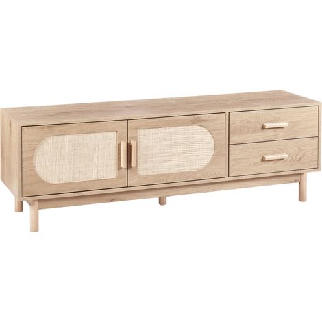 Meuble TV Panneau à Particules Pieds en Bois Façades en Rotin Style Boho Marron Clair Costello
