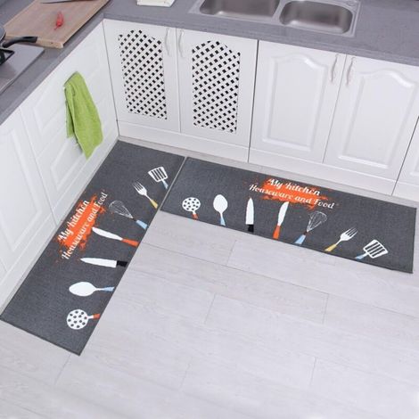 Lot de 2 tapis de cuisine antidérapants avec dos en caoutchouc, tapis de porte, design d'ustensiles de cuisine (gris 15"x47"+15"x23")