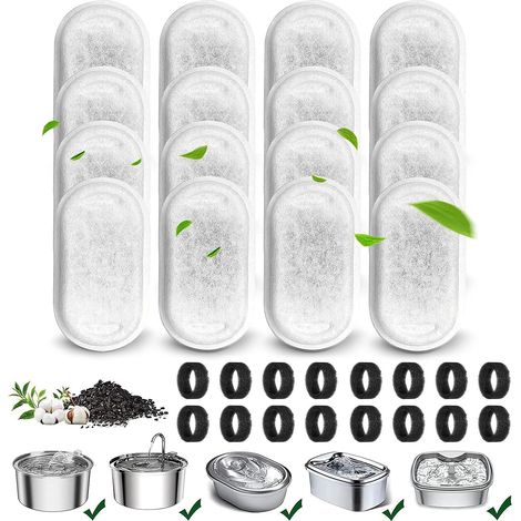 32-teiliger Edelstahl-Trinkbrunnenfilter für Katzen, 16 Kohlefilter und 16 Vorfiltrationsschwämme, geeignet für 3,2 l/2 l Edelstahl-Katzentränken