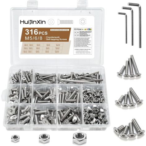 Lot de 316 vis à tête fraisée M6 M8 M10 en acier inoxydable - Vis à tête plate métrique à six pans creux avec écrous - Assortiment de vis filetées à tête fraisée (tête plate) (1/5)