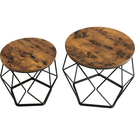 Table Basse Ronde, Lot de 2, Bout de Canapé, Style Moderne, Plateau Amovible, Cadre en Acier, pour Salon, Marron et Noir