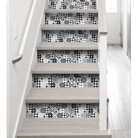 Adhésif autocollant Tamasio, motif carreaux de ciment ancien noir et blanc, style géométrique, 3 pièces, 19,5 X 100 cm (1/2)
