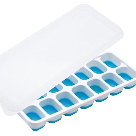 Vaschette per cubetti di ghiaccio in silicone con coperchio, forma quadrata per una facile estrazione, colore blu. (1/5)