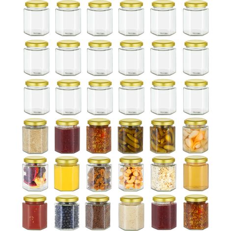 280ml/9oz Pack of 36 Hexagonal Jam Jars with Lids, Glass Storage Honey Jars Pickles Chutneys with Screw Gold Lid (1/5)