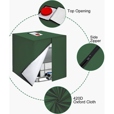 Bâche de Protection pour Cuve IBC 1000L, Housse Anti-UV en 420D avec Fermeture Éclair, Couverture Réservoir d'Eau 120x100x116 cm, Vert