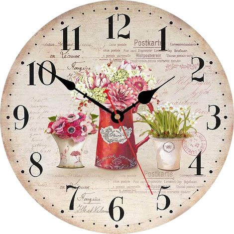 30 cm Pendule Murale, Vintage Fleurs Plantes Horloge, Bois Silencieuse Pendule Murale pour Le Salon/Chambre/Salle de Bains/Cuisine (1/5)