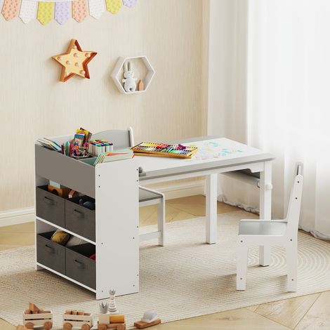 Ensemble de table et chaises pour enfants avec 2 chaises et une petite table de rangement, en bois et en tissu non tissé, gris et blanc (1/5)