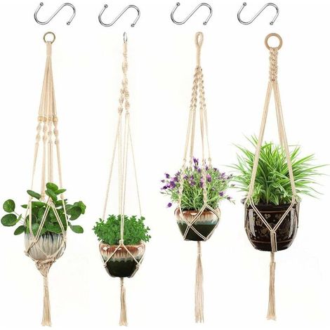 Macramé Suspension Plante Corde 4 Pcs Pot Suspendu Plante Porte Décoration du Jardin Intérieur Extérieur avec 4 Crochets Suspendus (1/5)