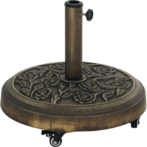 Pied de parasol rond bronze 21 kg en résine, roulettes et freins, base stable pour parasol de jardin ou terrasse. (1/5)