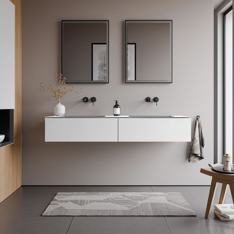 BERNSTEIN - Meuble vasque suspendu MDF Blanc laqué, lavabos en Fonte Anthracite mat, 2 tiroirs poussoir & Soft-Close - 160x52x27cm - ARCTIC