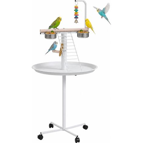 Perchoir Perroquet sur Roulettes Aire de Jeux pour Oiseaux avec Échelle Balançoire et 2 Mangeoires 60x60x138 cm Blanc et Bois (1/5)