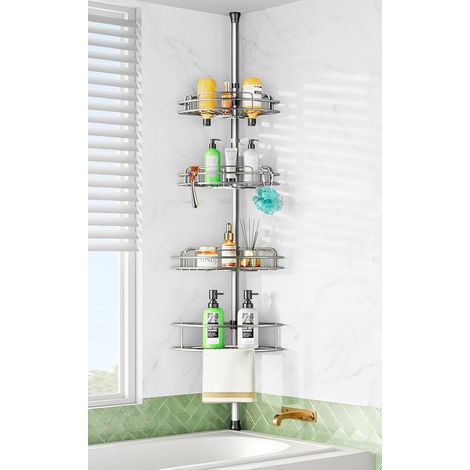 Etagere Douche Telescopique Angle: 4 Etages en Metal Etagere Salle de Bain Sans Percage, Bathroom Rangement Pour Shampoings, Savons & Gels de Douche — Longueur Reglable 121-314 cm, Argent