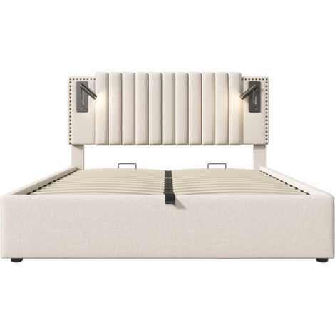 Letto imbottito 140x200 con contenitore, lampada da lettura e porte USB-C, beige, HOMVRA (1/5)
