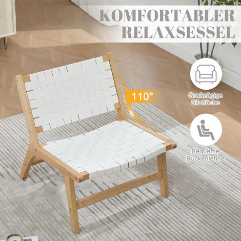 Chaise de style moderne emballée individuellement, avec revêtement tissé, chaise de détente à motif damier, structure en bois, adaptée à une utilisation intérieure et extérieure (blanche) (1/5)